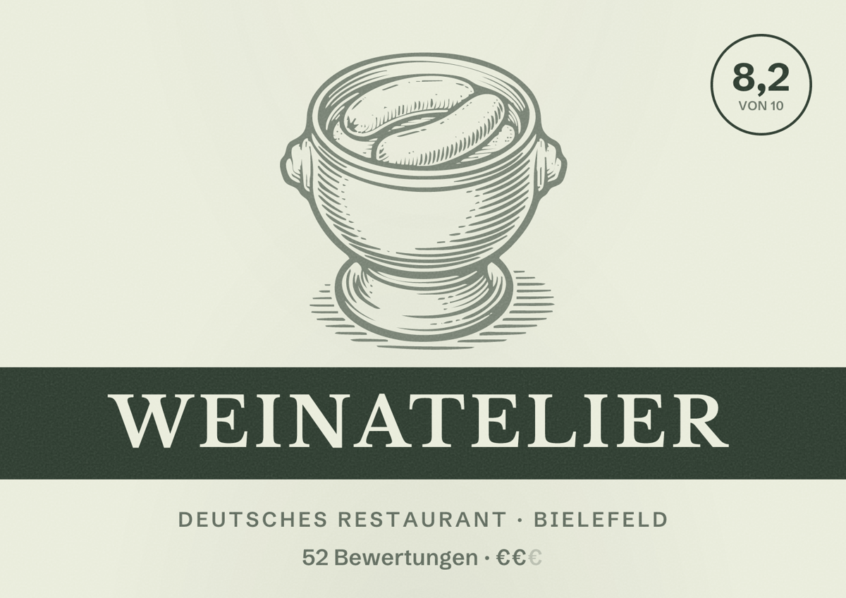 Illustriertes Poster von Weinatelier, Deutsches Restaurant in Bielefeld: Bewertung 8,2 von 10 aus 52 Bewertungen, Preisniveau €€