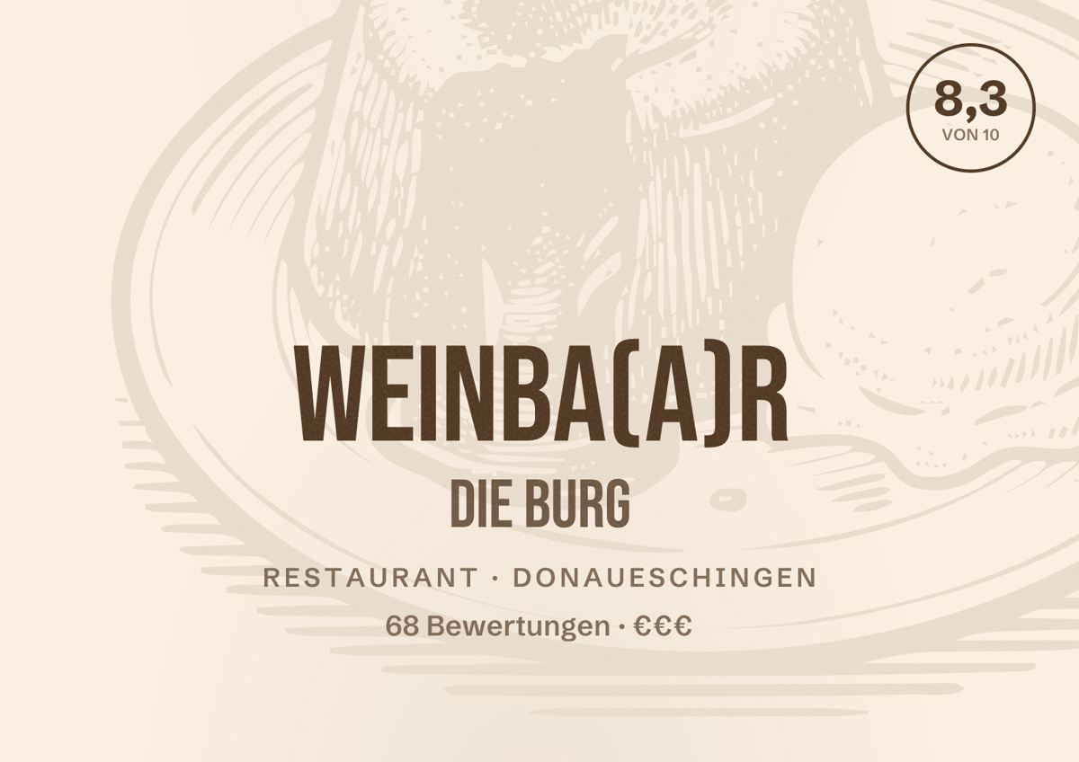 Illustriertes Poster von Weinba(a)r die burg, Restaurant in Donaueschingen: Bewertung 8,3 von 10 aus 68 Bewertungen, Preisniveau €€€