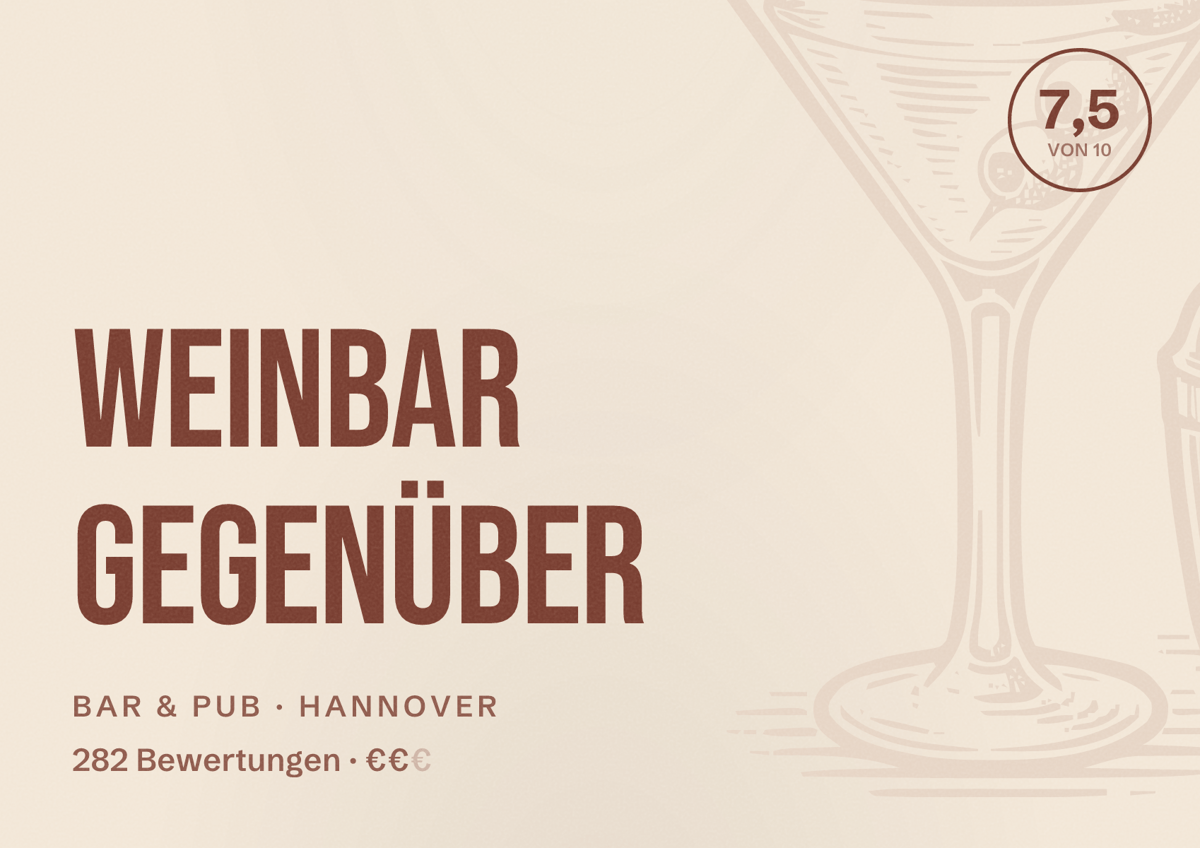 Illustriertes Poster von Weinbar gegenüber, Bar & Pub in Hannover: Bewertung 7,5 von 10 aus 282 Bewertungen, Preisniveau €€