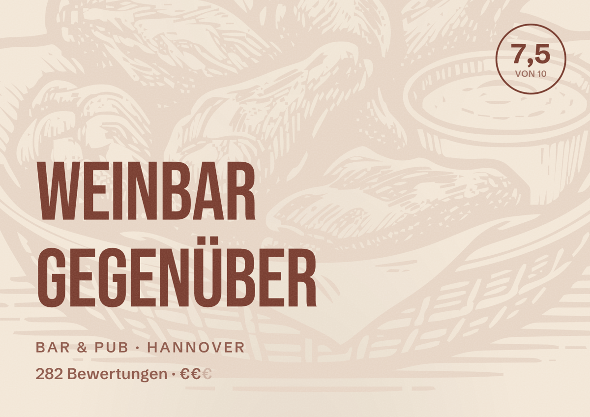 Illustriertes Poster von Weinbar gegenüber, Bar & Pub in Hannover: Bewertung 7,5 von 10 aus 282 Bewertungen, Preisniveau €€
