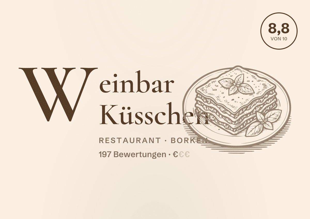 Illustriertes Poster von Weinbar Küsschen, Restaurant in Borken: Bewertung 8,8 von 10 aus 197 Bewertungen, Preisniveau €
