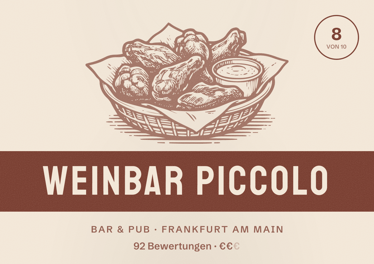 Illustriertes Poster von weinbar piccolo, Bar & Pub in Frankfurt am Main: Bewertung 8,0 von 10 aus 92 Bewertungen, Preisniveau €€