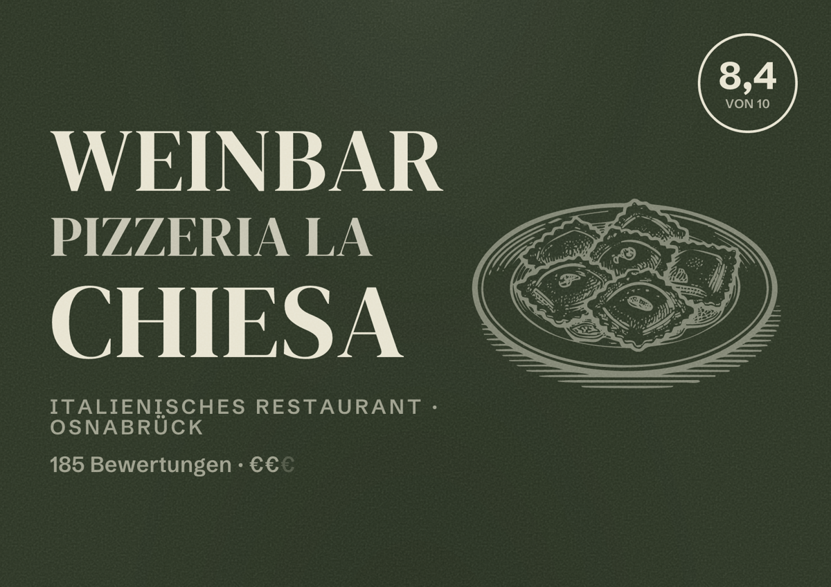 Illustriertes Poster von Weinbar Pizzeria La Chiesa, Italienisches Restaurant in Osnabrück: Bewertung 8,4 von 10 aus 185 Bewertungen, Preisniveau €€