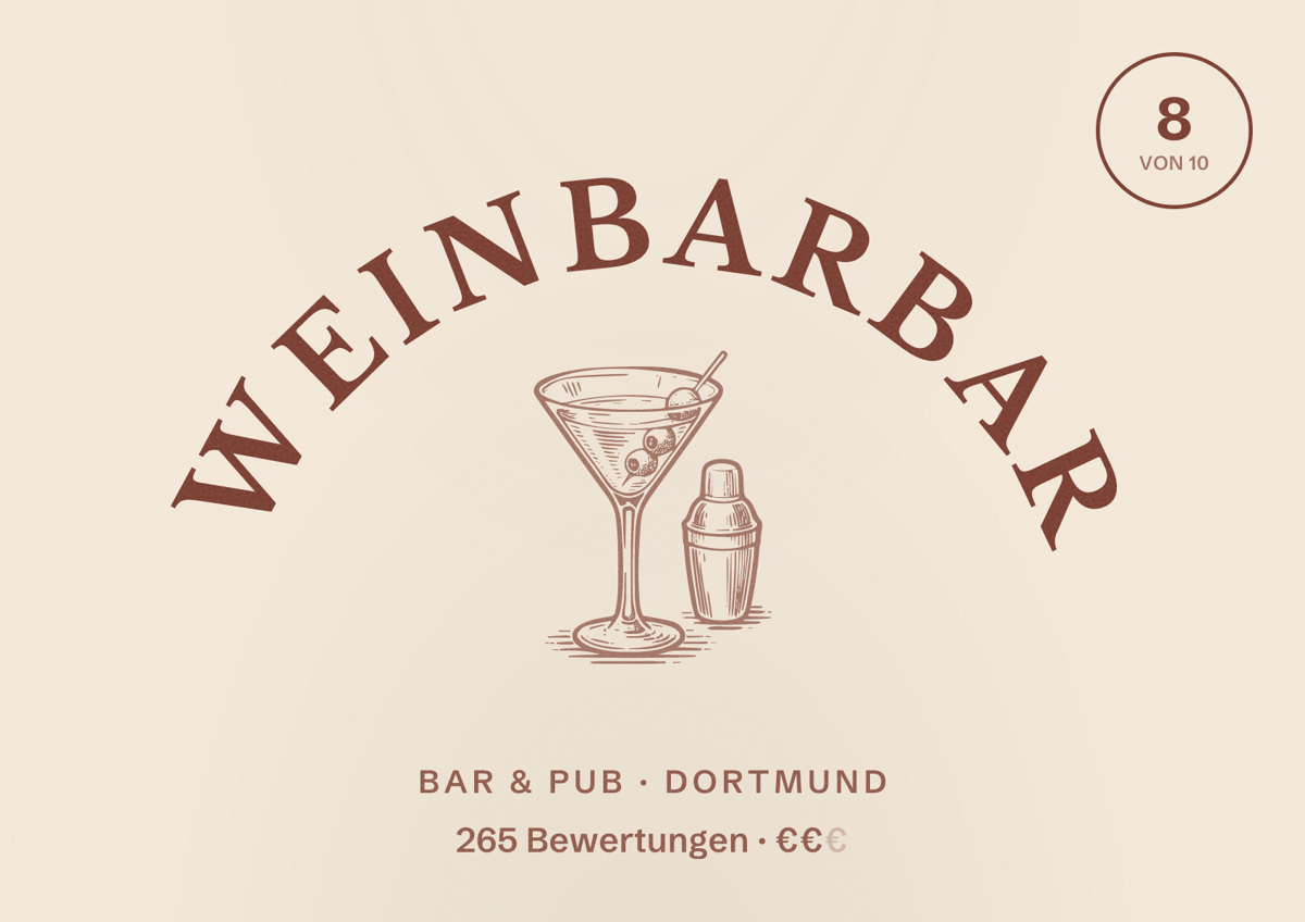 Illustriertes Poster von WeinBarBar, Bar & Pub in Dortmund: Bewertung 8 von 10 aus 265 Bewertungen, Preisniveau €€