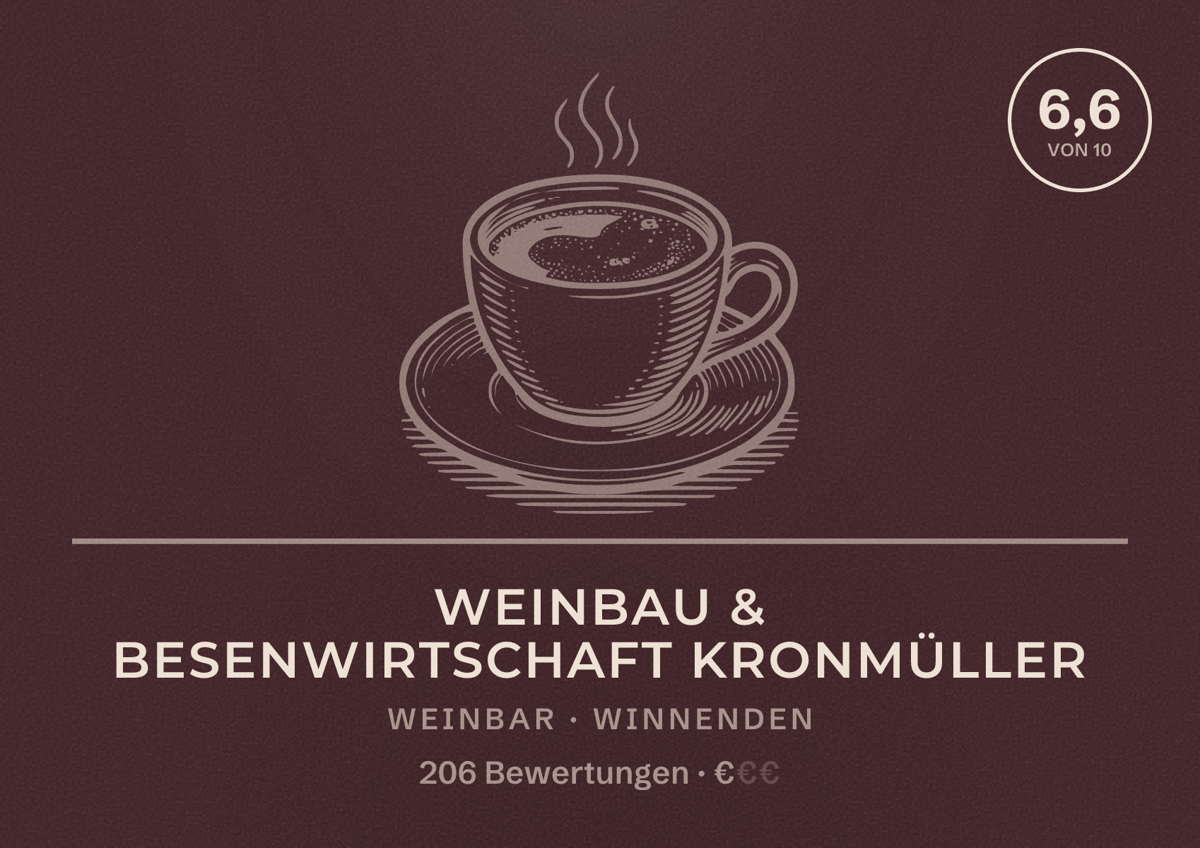Illustriertes Poster von Weinbau & Besenwirtschaft Kronmüller, Weinbar in Winnenden: Bewertung 6,6 von 10 aus 206 Bewertungen, Preisniveau €
