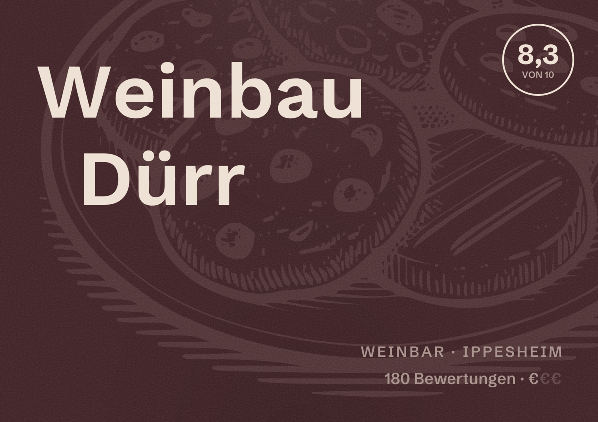 Illustriertes Poster von Weinbau Dürr, Weinbar in Ippesheim: Bewertung 8,3 von 10 aus 180 Bewertungen, Preisniveau €
