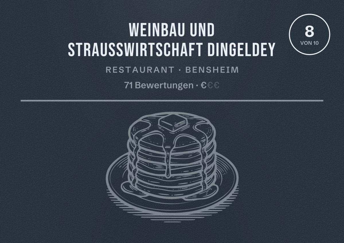 Illustriertes Poster von Weinbau und Straußwirtschaft Dingeldey, Restaurant in Bensheim: Bewertung 8 von 10 aus 71 Bewertungen, Preisniveau €