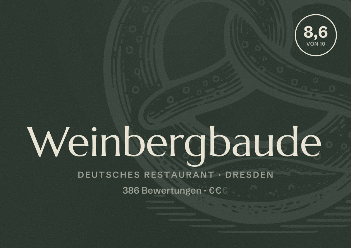 Illustriertes Poster von Weinbergbaude, Deutsches Restaurant in Dresden: Bewertung 8,6 von 10 aus 386 Bewertungen, Preisniveau €€
