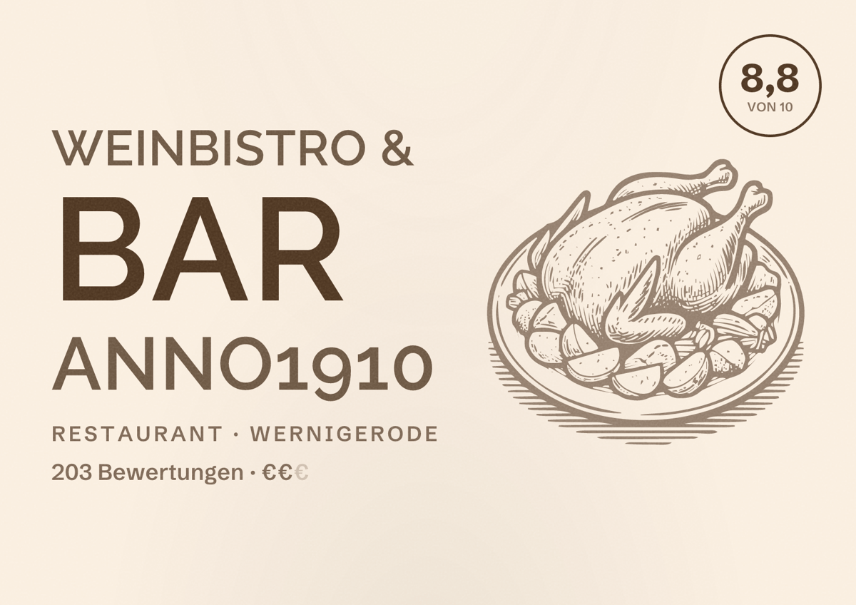 Illustriertes Poster von Weinbistro & Bar Anno1910, Restaurant in Wernigerode: Bewertung 8,8 von 10 aus 203 Bewertungen, Preisniveau €€
