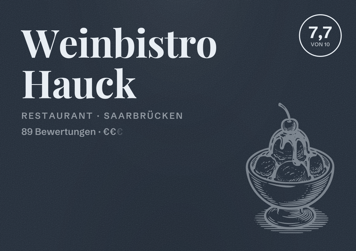 Illustriertes Poster von Weinbistro Hauck, Restaurant in Saarbrücken: Bewertung 7,7 von 10 aus 89 Bewertungen, Preisniveau €€
