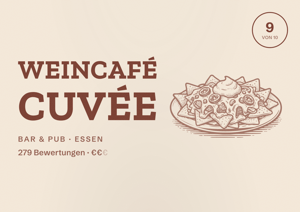 Illustriertes Poster von WeinCafé Cuvée, Bar & Pub in Essen: Bewertung 9 von 10 aus 279 Bewertungen, Preisniveau €€