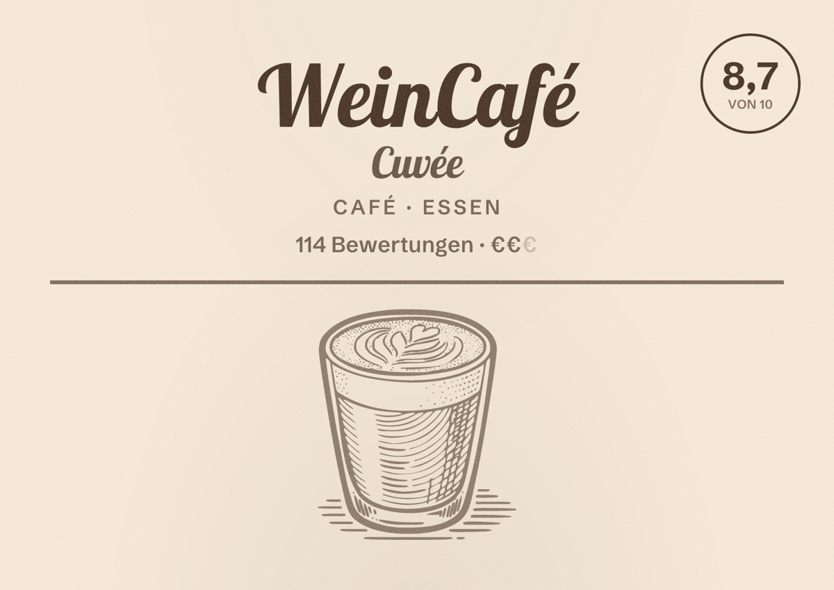 Illustriertes Poster von WeinCafé Cuvée, Café in Essen: Bewertung 8,7 von 10 aus 114 Bewertungen, Preisniveau €€
