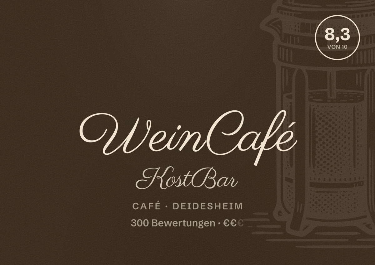 Illustriertes Poster von WeinCafé KostBar, Café in Deidesheim: Bewertung 8,3 von 10 aus 300 Bewertungen, Preisniveau €€