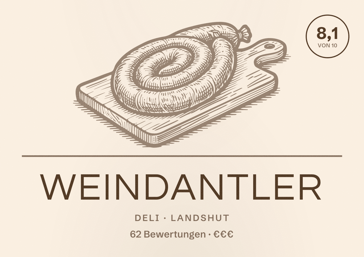 Illustriertes Poster von Weindantler, Deli in Landshut: Bewertung 8,1 von 10 aus 62 Bewertungen, Preisniveau €€€
