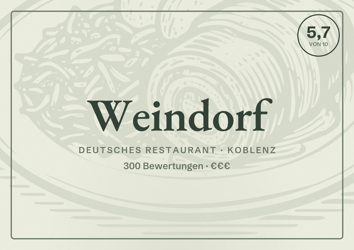 Illustriertes Poster von Weindorf, Deutsches Restaurant in Koblenz: Bewertung 5,7 von 10 aus 300 Bewertungen, Preisniveau €€€