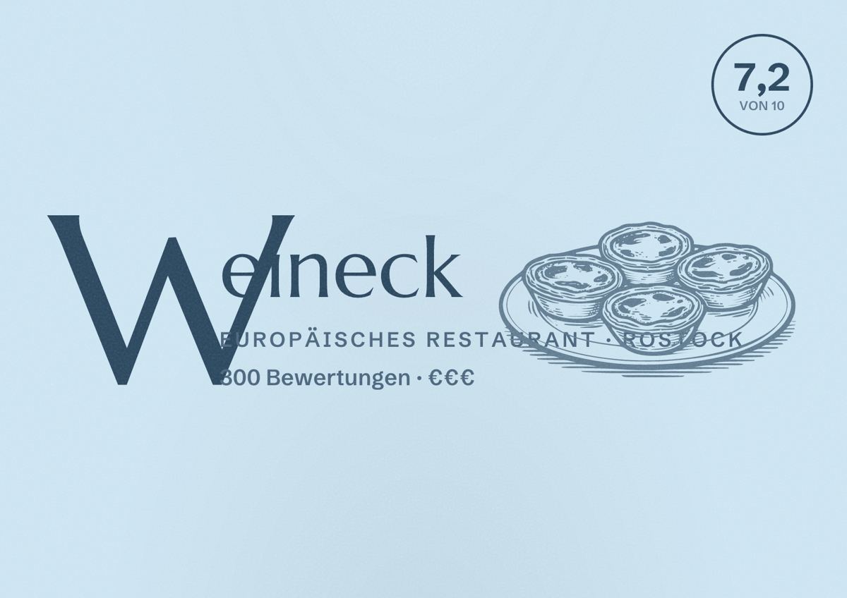 Illustriertes Poster von Weineck, Europäisches Restaurant in Rostock: Bewertung 7,2 von 10 aus 300 Bewertungen, Preisniveau €€€