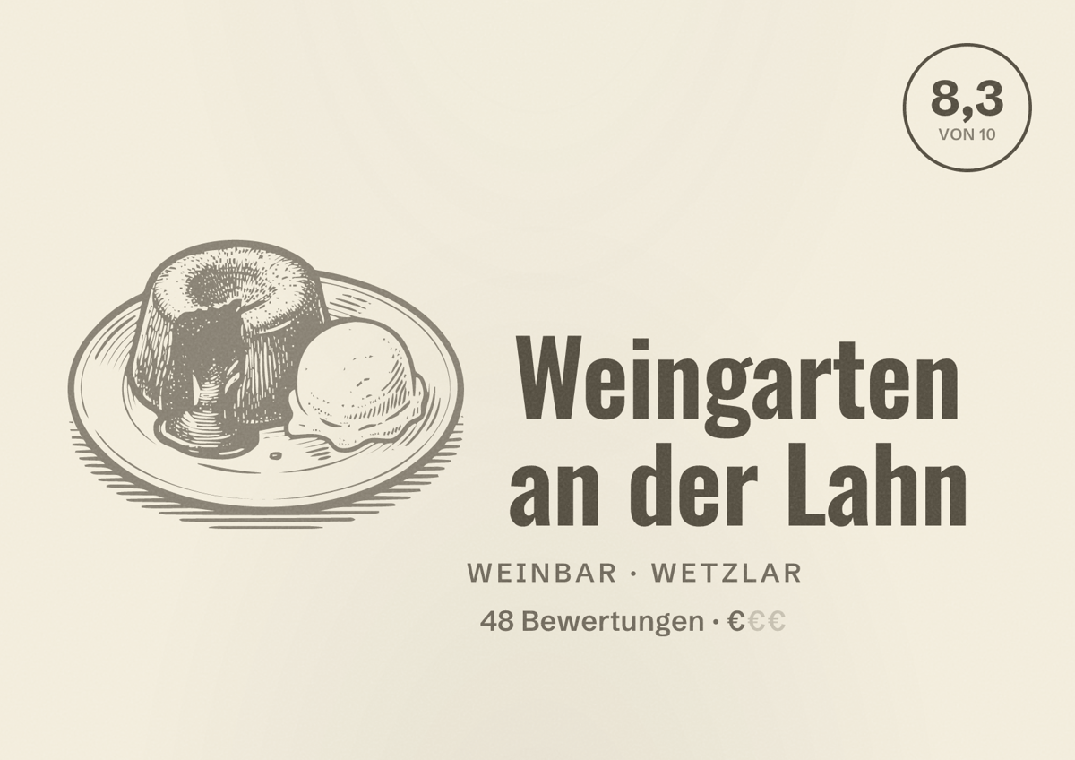 Illustriertes Poster von Weingarten an der Lahn, Weinbar in Wetzlar: Bewertung 8,3 von 10 aus 48 Bewertungen, Preisniveau €