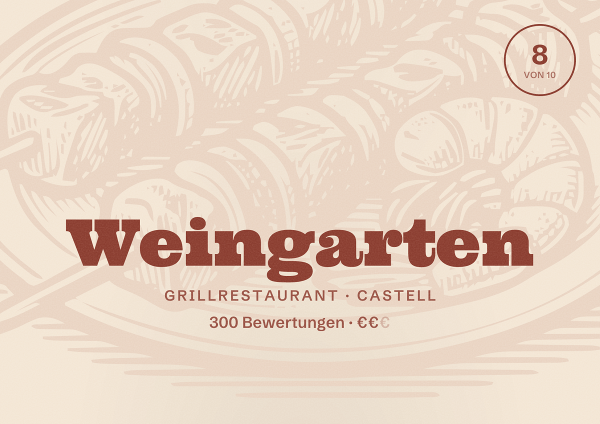 Illustriertes Poster von Weingarten, Grillrestaurant in Castell: Bewertung 8 von 10 aus 300 Bewertungen, Preisniveau €€