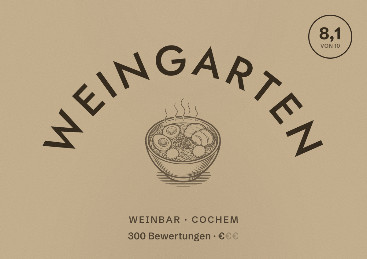 Illustriertes Poster von Weingarten, Weinbar in Cochem: Bewertung 8,1 von 10 aus 300 Bewertungen, Preisniveau €