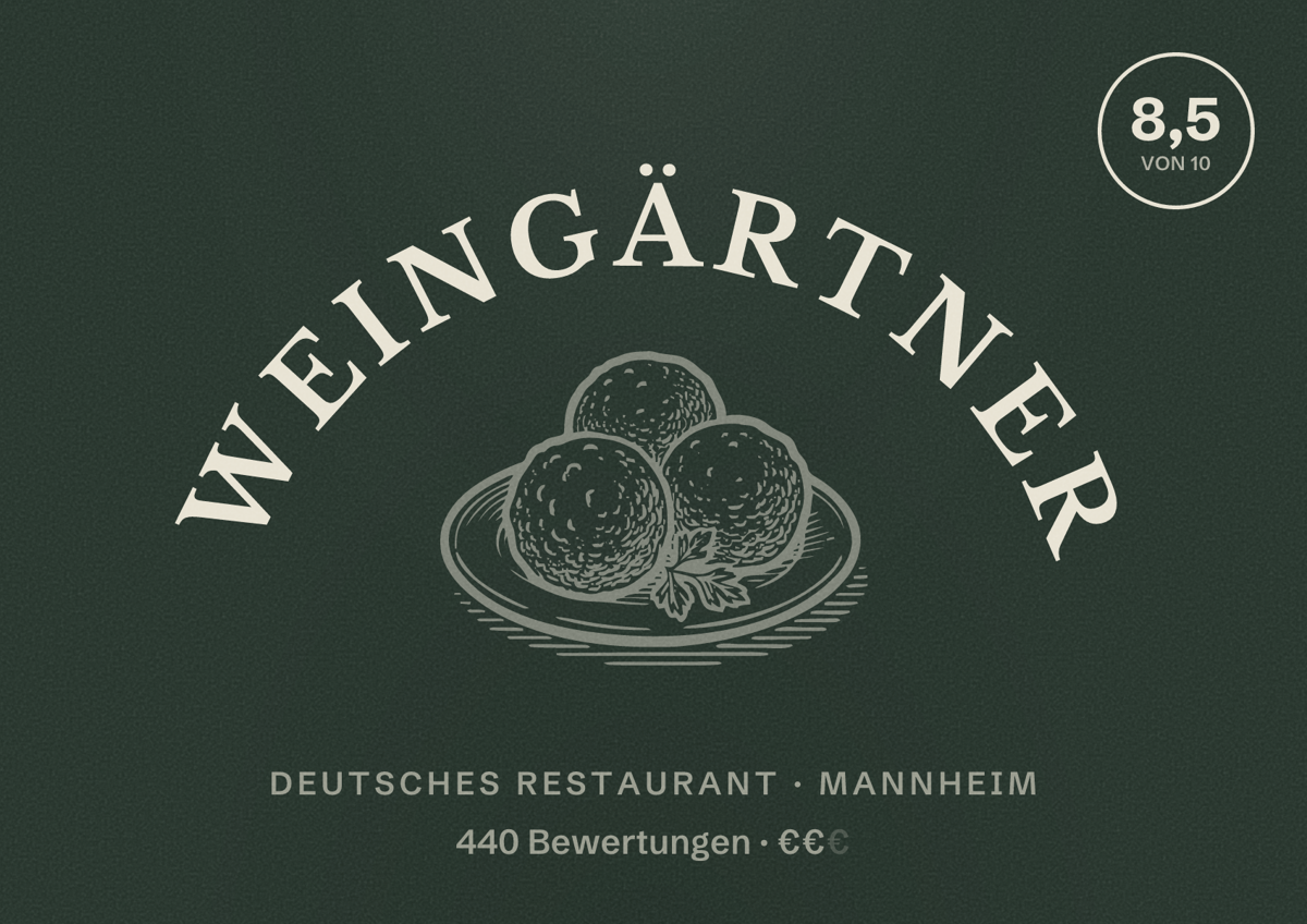 Illustriertes Poster von Weingärtner, Deutsches Restaurant in Mannheim: Bewertung 8,5 von 10 aus 440 Bewertungen, Preisniveau €€