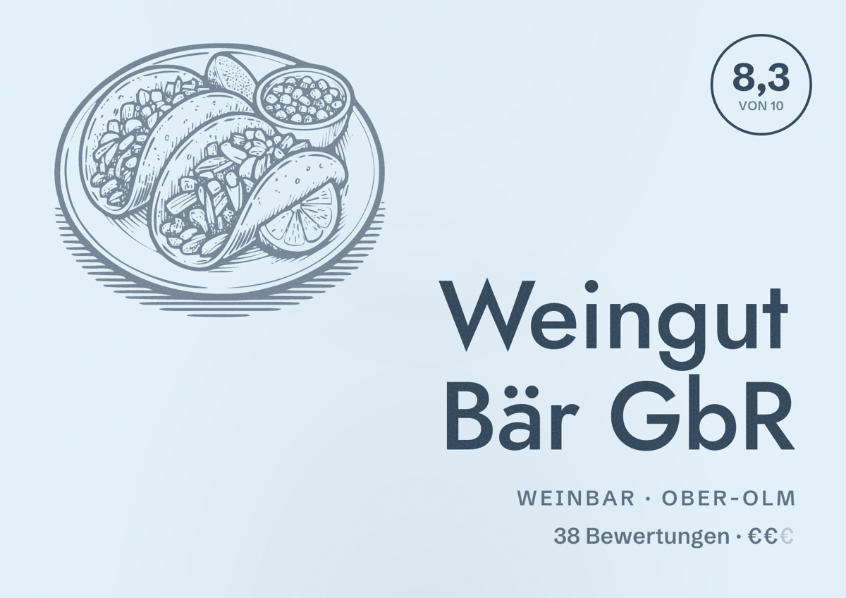 Illustriertes Poster von Weingut Bär GbR, Weinbar in Ober-Olm: Bewertung 8,3 von 10 aus 38 Bewertungen, Preisniveau €€
