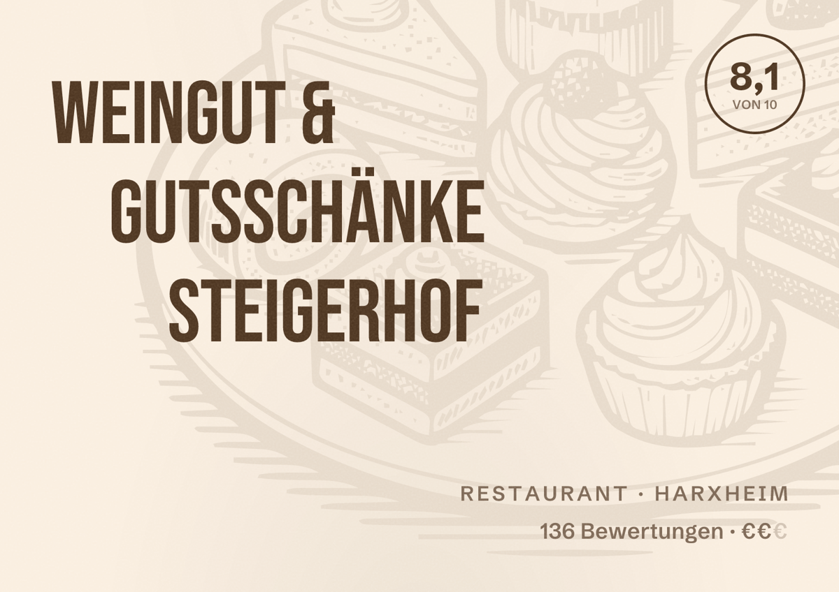 Illustriertes Poster von Weingut & Gutsschänke Steigerhof, Restaurant in Harxheim: Bewertung 8,1 von 10 aus 136 Bewertungen, Preisniveau €€