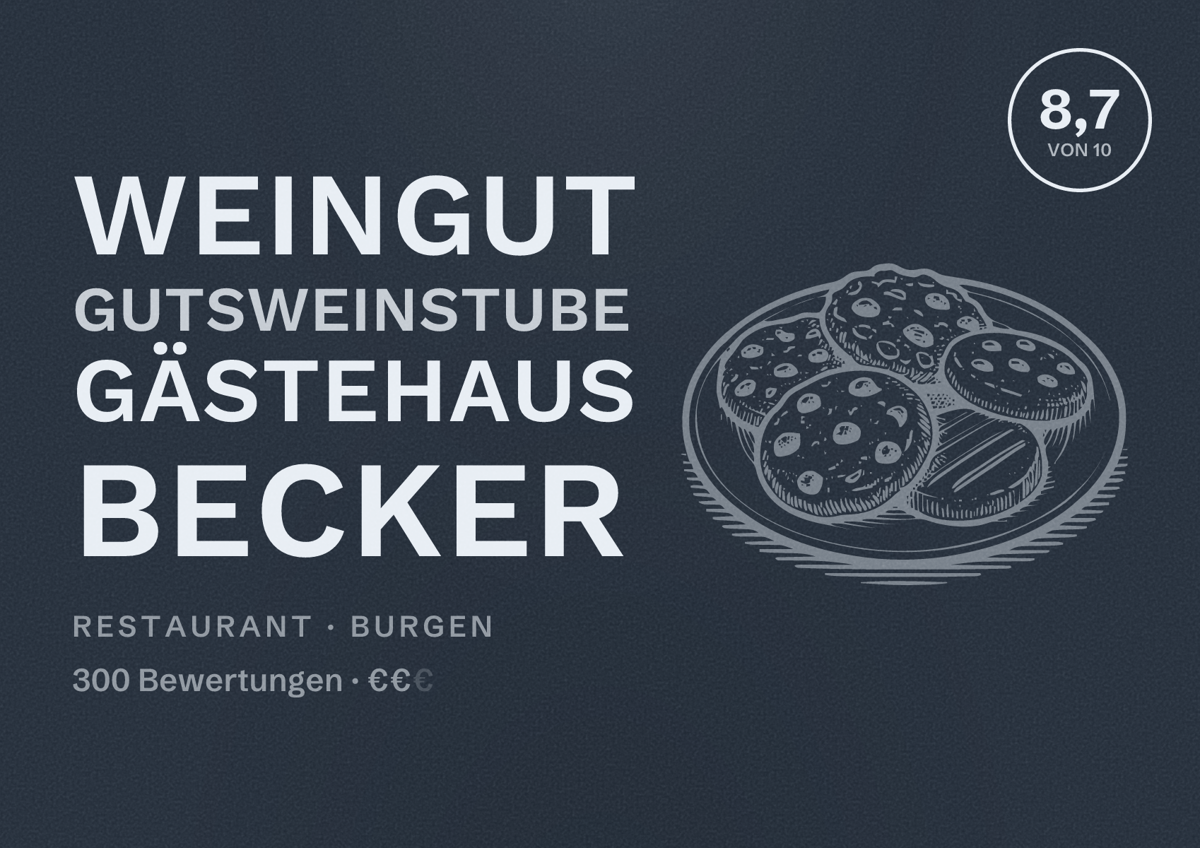 Illustriertes Poster von Weingut Gutsweinstube Gästehaus Becker, Restaurant in Burgen: Bewertung 8,7 von 10 aus 300 Bewertungen, Preisniveau €€