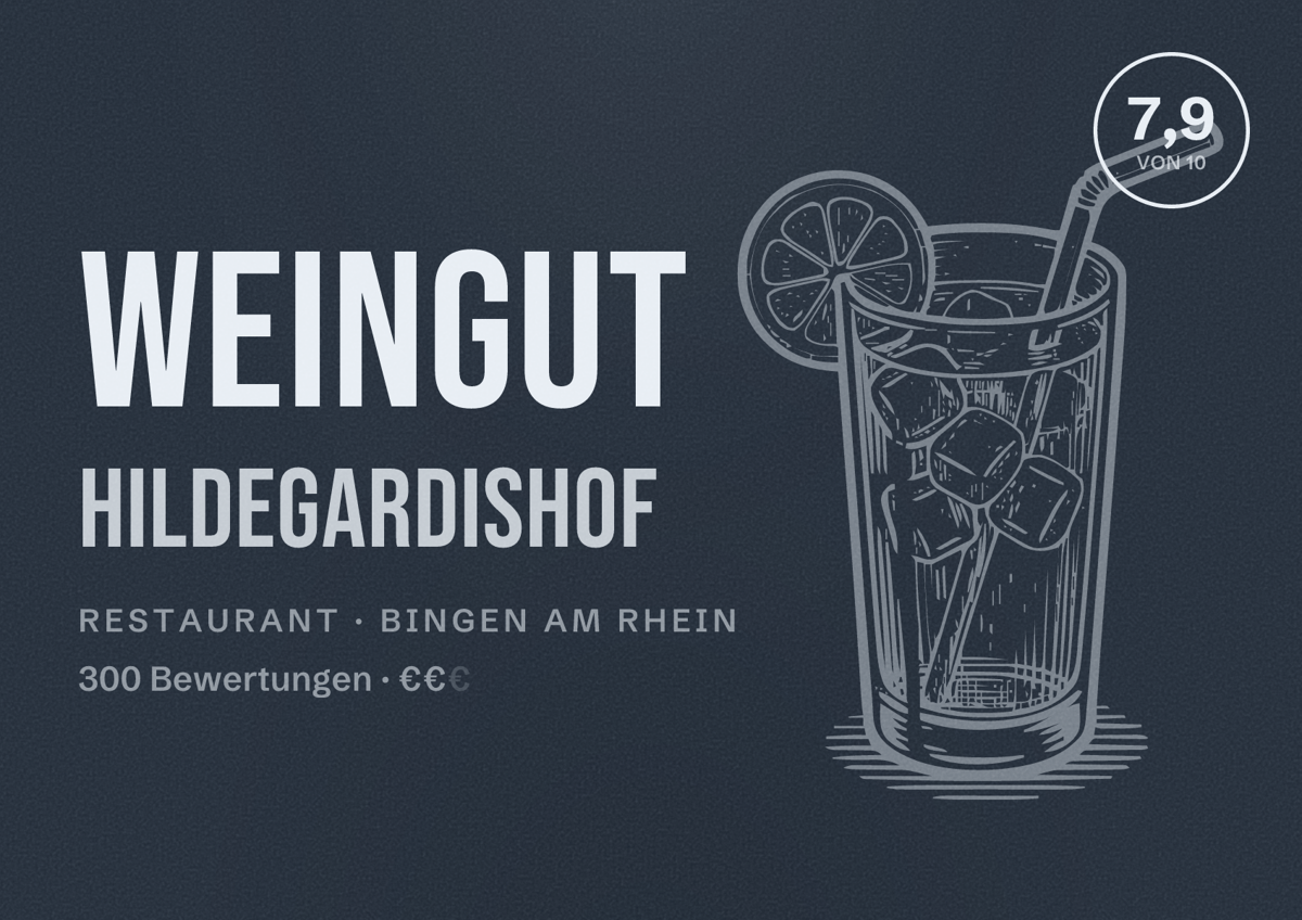 Illustriertes Poster von Weingut Hildegardishof, Restaurant in Bingen am Rhein: Bewertung 7,9 von 10 aus 300 Bewertungen, Preisniveau €€