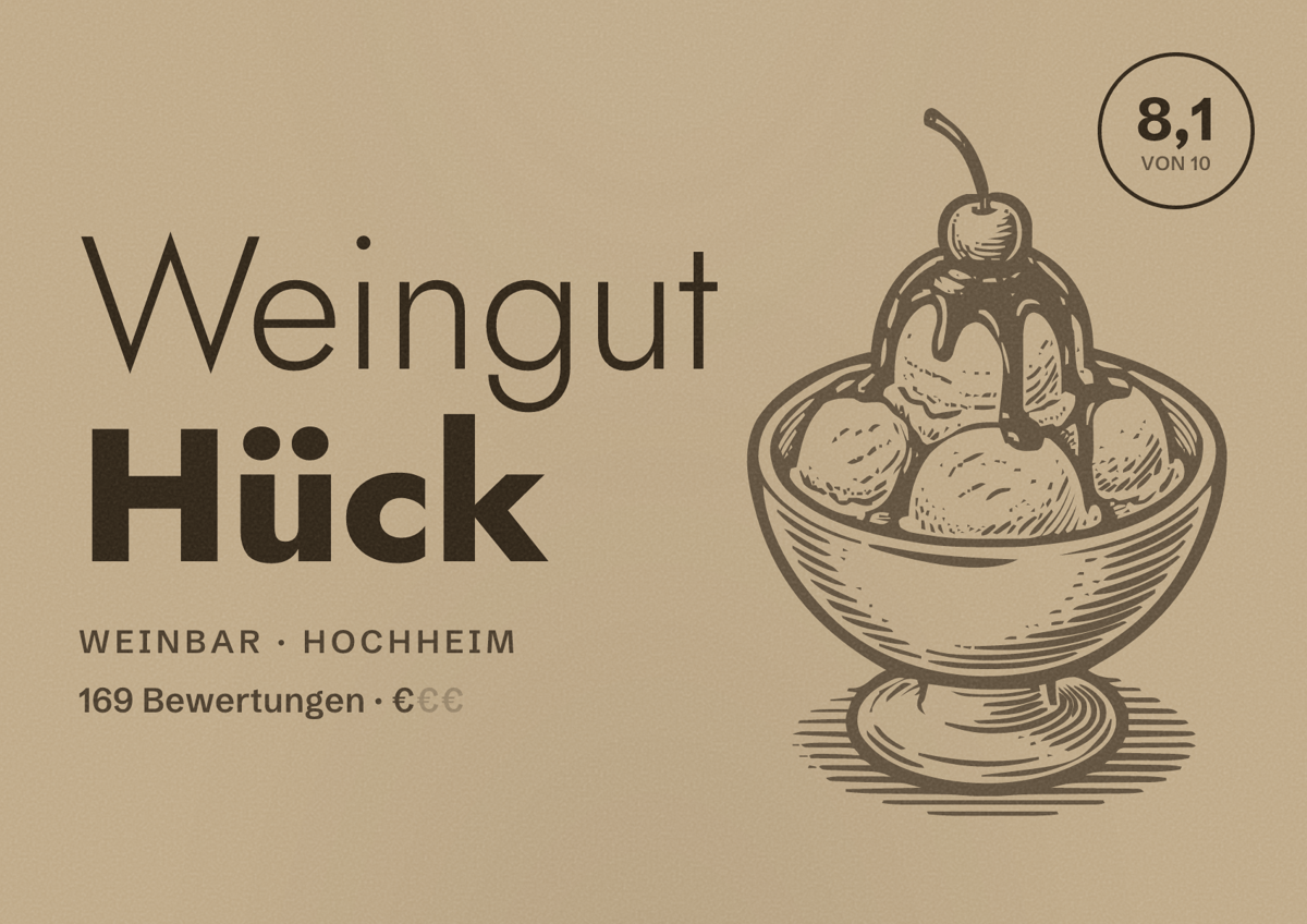 Illustriertes Poster von Weingut Hück, Weinbar in Hochheim: Bewertung 8,1 von 10 aus 169 Bewertungen, Preisniveau €