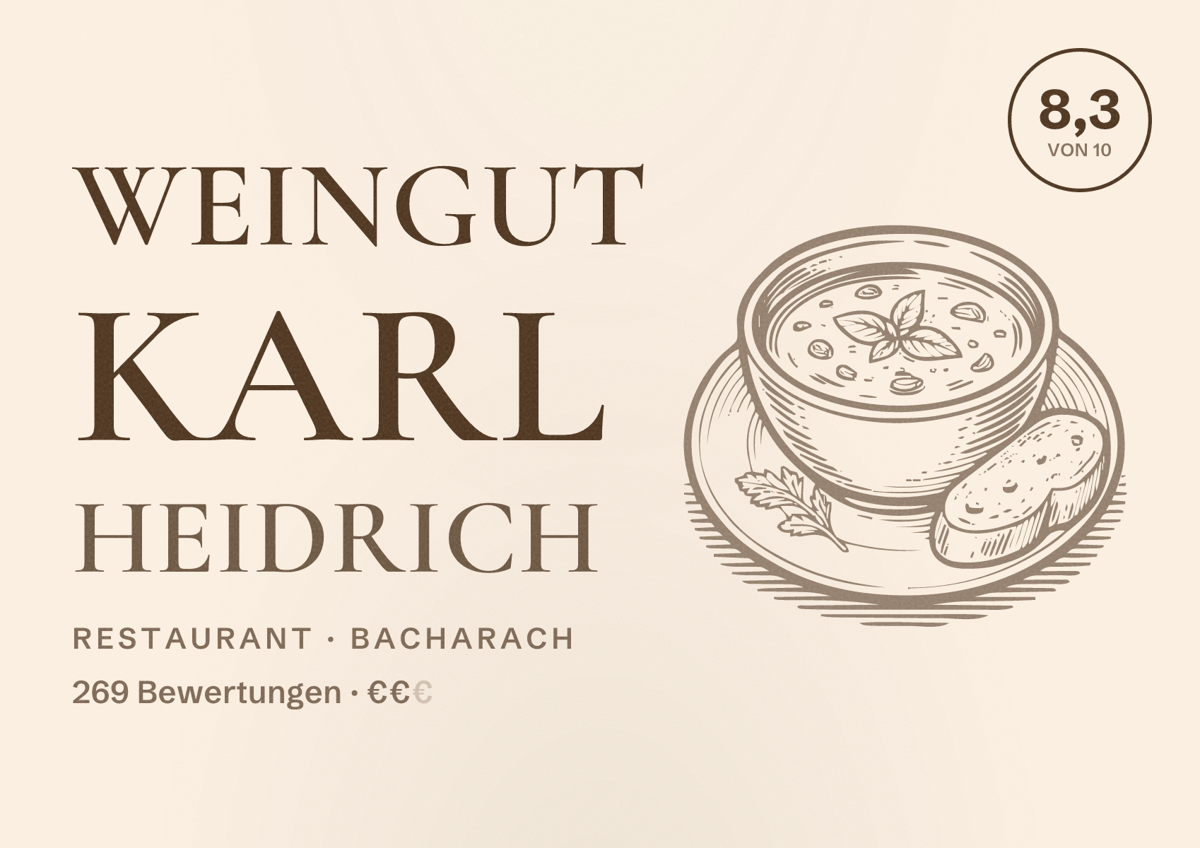 Illustriertes Poster von Weingut Karl Heidrich, Restaurant in Bacharach: Bewertung 8,3 von 10 aus 269 Bewertungen, Preisniveau €€
