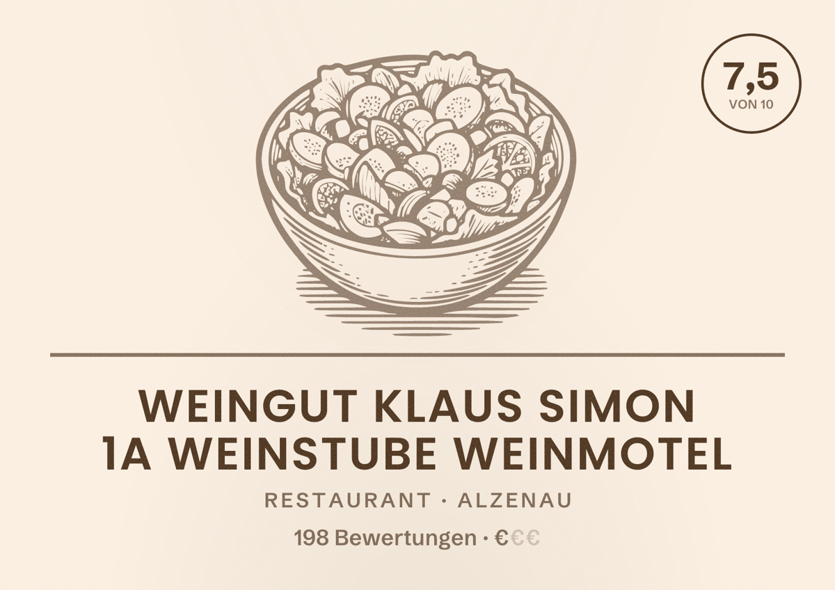 Illustriertes Poster von Weingut Klaus Simon 1a Weinstube WeinMotel, Restaurant in Alzenau: Bewertung 7,5 von 10 aus 198 Bewertungen, Preisniveau €