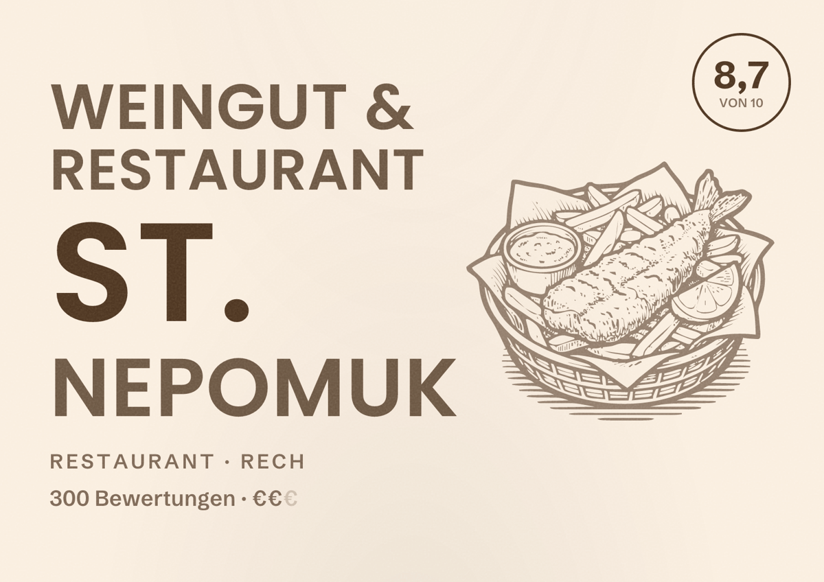 Illustriertes Poster von Weingut & Restaurant St. Nepomuk, Restaurant in Rech: Bewertung 8,7 von 10 aus 300 Bewertungen, Preisniveau €€