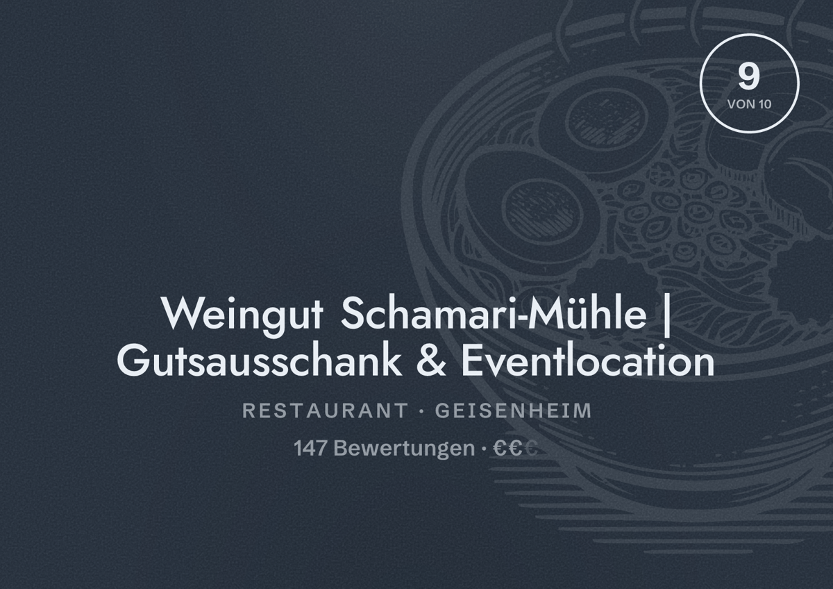 Illustriertes Poster von Weingut Schamari-Mühle | Gutsausschank & Eventlocation, Restaurant in Geisenheim: Bewertung 9 von 10 aus 147 Bewertungen, Preisniveau €€