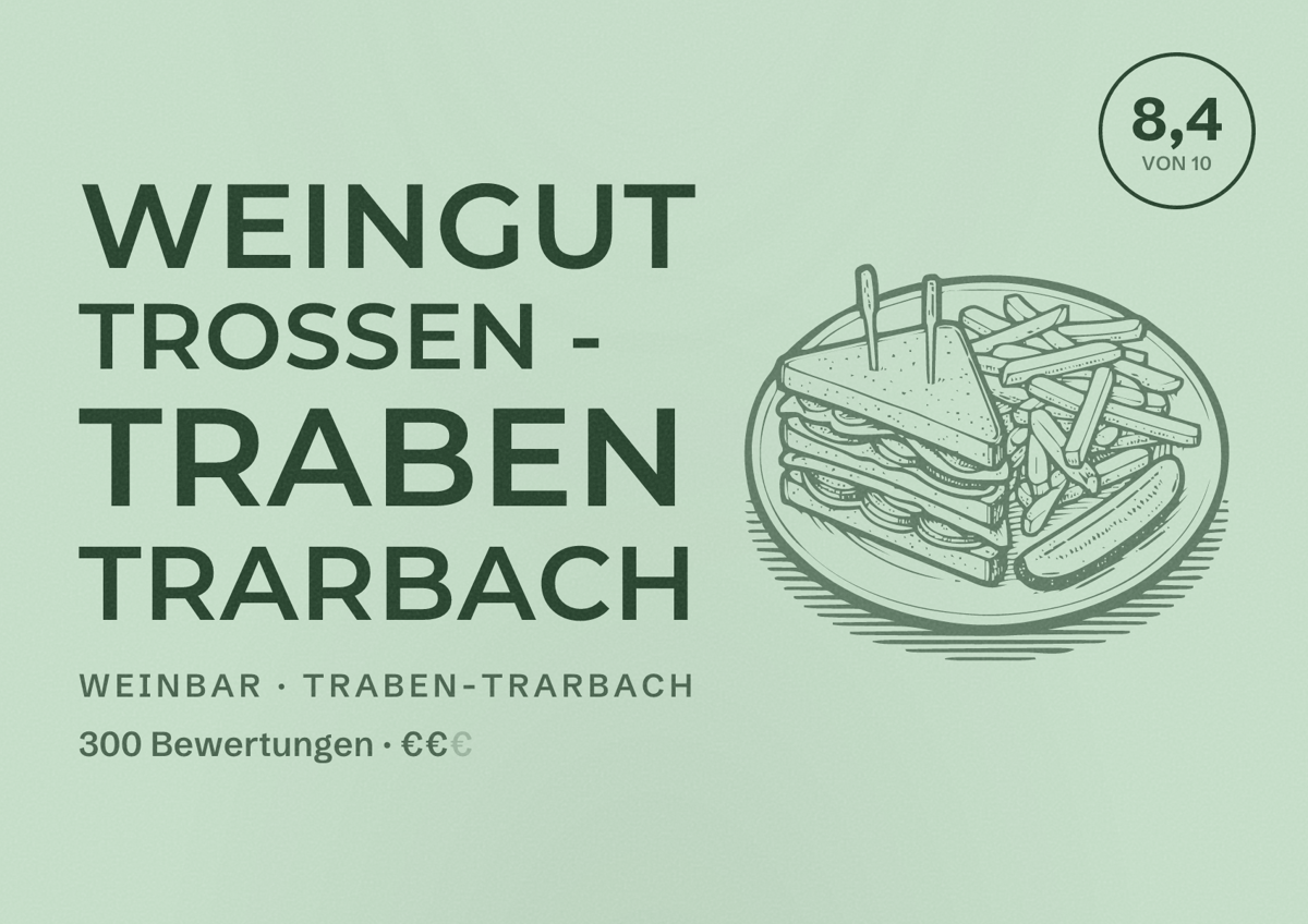 Illustriertes Poster von Weingut Trossen - Traben Trarbach, Weinbar in Traben-Trarbach: Bewertung 8,4 von 10 aus 300 Bewertungen, Preisniveau €€
