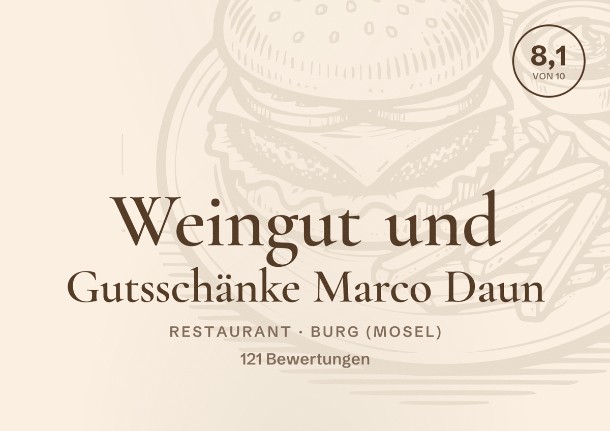 Illustriertes Poster von Weingut und Gutsschänke Marco Daun, Restaurant in Burg (Mosel): Bewertung 8,1 von 10 aus 121 Bewertungen