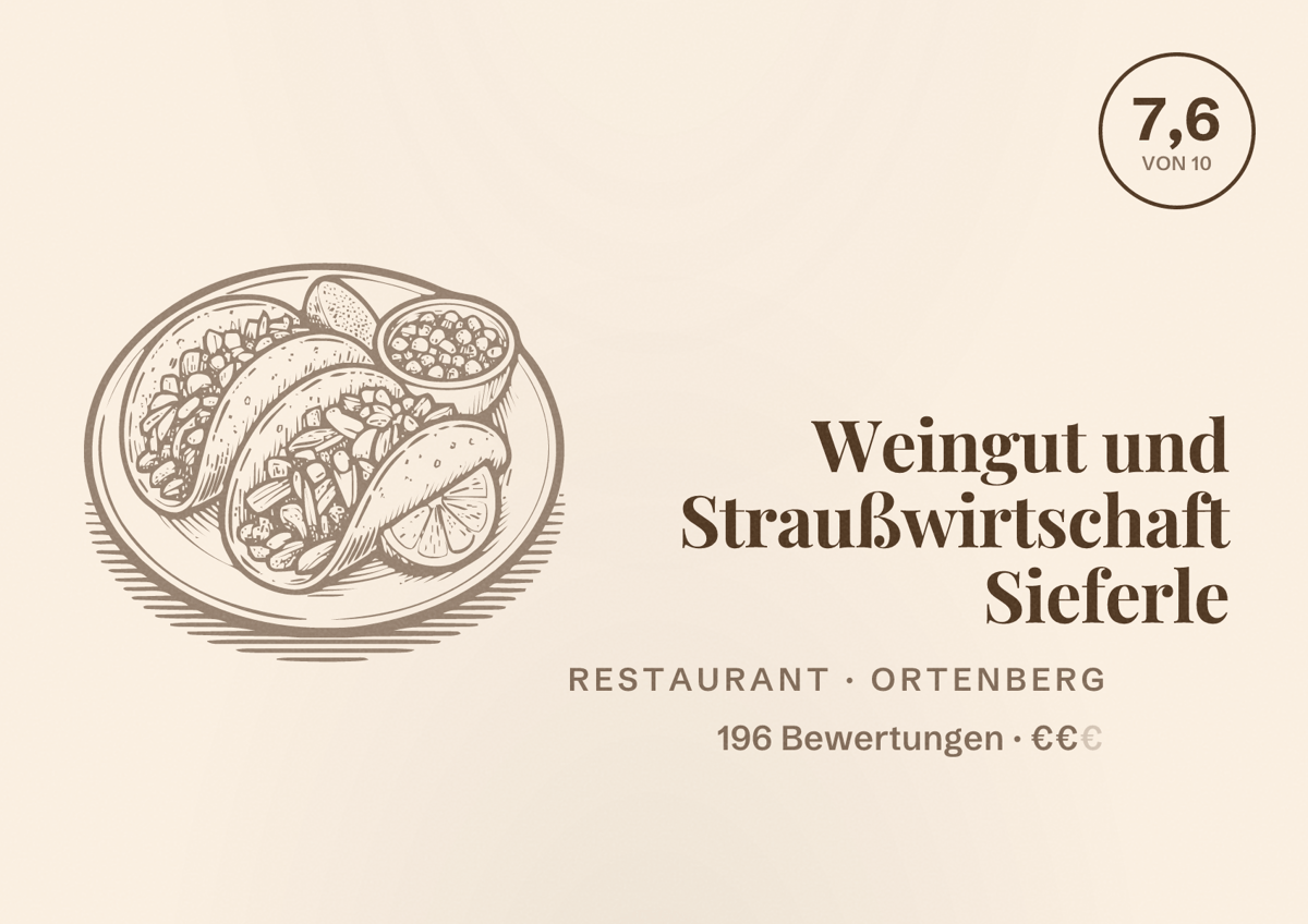 Illustriertes Poster von Weingut und Straußwirtschaft Sieferle, Restaurant in Ortenberg: Bewertung 7,6 von 10 aus 196 Bewertungen, Preisniveau €€
