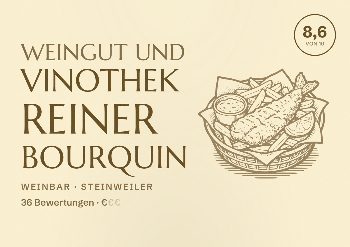 Illustriertes Poster von Weingut und Vinothek Reiner Bourquin, Weinbar in Steinweiler: Bewertung 8,6 von 10 aus 36 Bewertungen, Preisniveau €