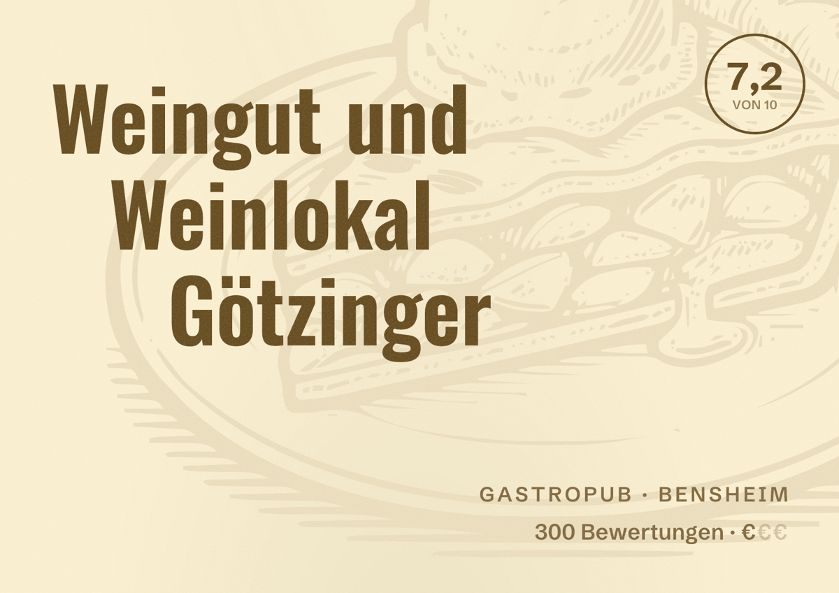Illustriertes Poster von Weingut und Weinlokal Götzinger, Gastropub in Bensheim: Bewertung 7,2 von 10 aus 300 Bewertungen, Preisniveau €