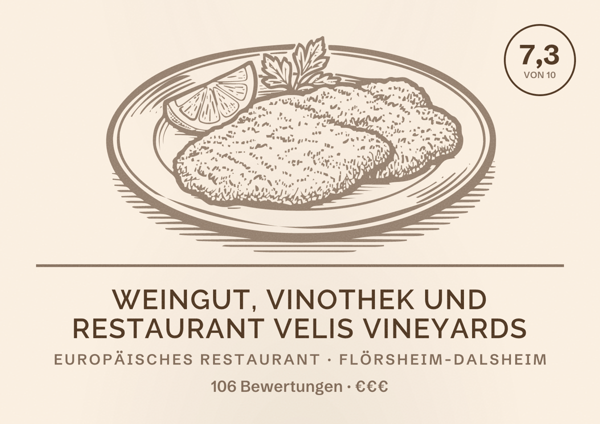 Illustriertes Poster von Weingut, Vinothek und Restaurant Velis Vineyards, Europäisches Restaurant in Flörsheim-Dalsheim: Bewertung 7,3 von 10 aus 106 Bewertungen, Preisniveau €€€