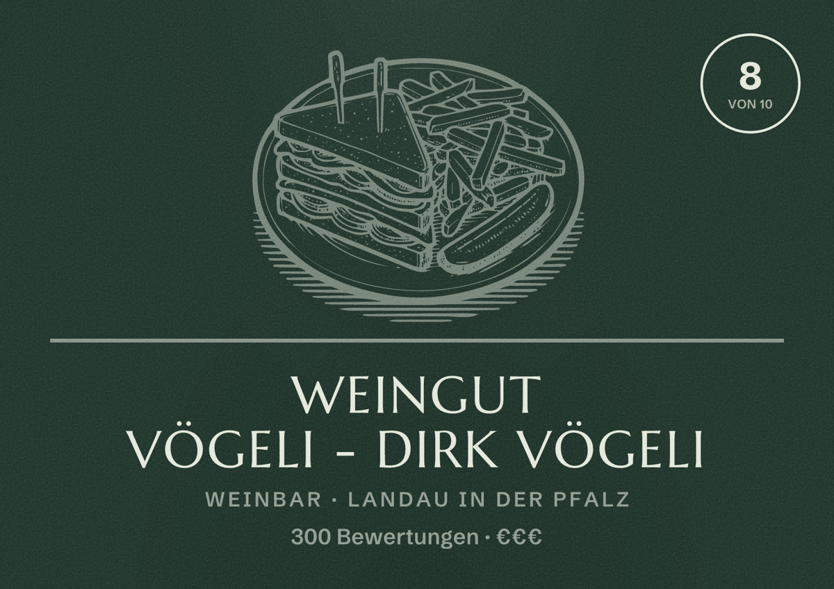 Illustriertes Poster von Weingut Vögeli - Dirk Vögeli, Weinbar in Landau in der Pfalz: Bewertung 8 von 10 aus 300 Bewertungen, Preisniveau €€€