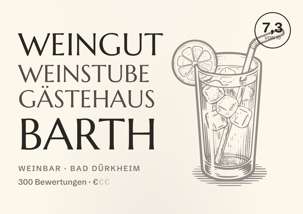 Illustriertes Poster von Weingut Weinstube Gästehaus Barth, Weinbar in Bad Dürkheim: Bewertung 7,3 von 10 aus 300 Bewertungen, Preisniveau €