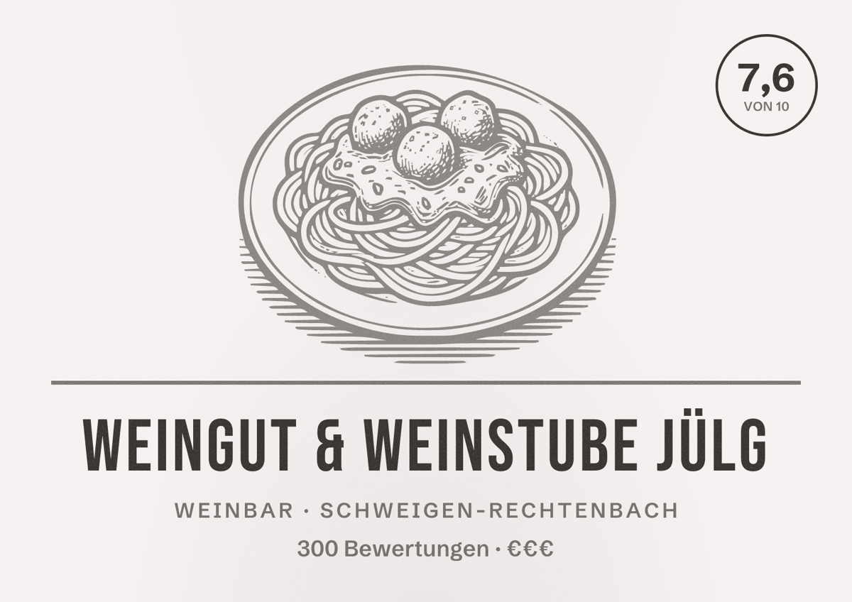 Illustriertes Poster von Weingut & Weinstube Jülg, Weinbar in Schweigen-Rechtenbach: Bewertung 7,6 von 10 aus 300 Bewertungen, Preisniveau €€€