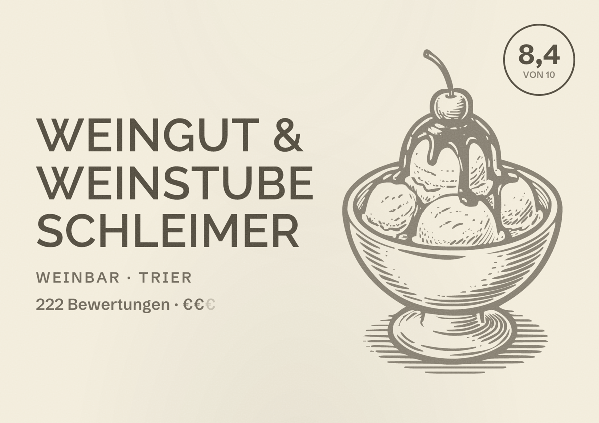 Illustriertes Poster von Weingut & Weinstube Schleimer, Weinbar in Trier: Bewertung 8,4 von 10 aus 222 Bewertungen, Preisniveau €€