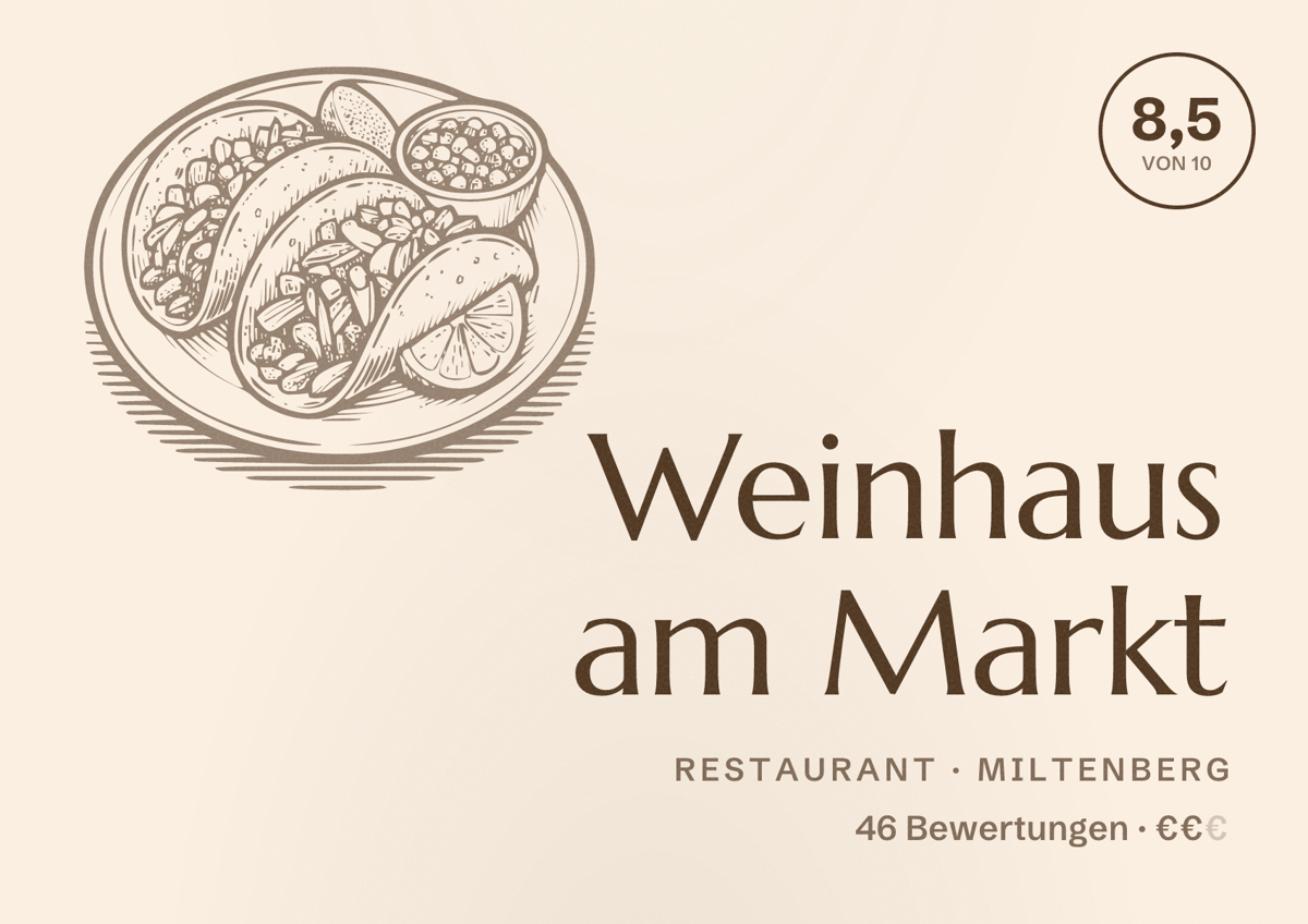 Illustriertes Poster von Weinhaus am Markt, Restaurant in Miltenberg: Bewertung 8,5 von 10 aus 46 Bewertungen, Preisniveau €€