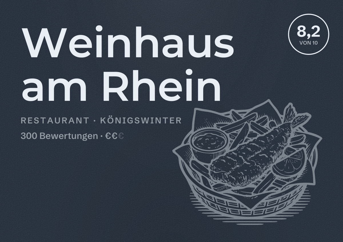 Illustriertes Poster von Weinhaus am Rhein, Restaurant in Königswinter: Bewertung 8,2 von 10 aus 300 Bewertungen, Preisniveau €€
