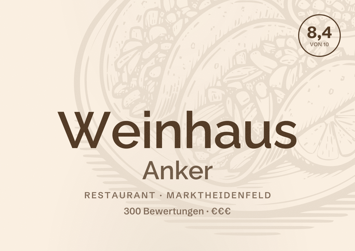 Illustriertes Poster von Weinhaus Anker, Restaurant in Marktheidenfeld: Bewertung 8,4 von 10 aus 300 Bewertungen, Preisniveau €€€