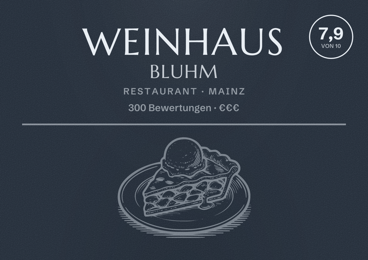 Illustriertes Poster von Weinhaus Bluhm, Restaurant in Mainz: Bewertung 7,9 von 10 aus 300 Bewertungen, Preisniveau €€€