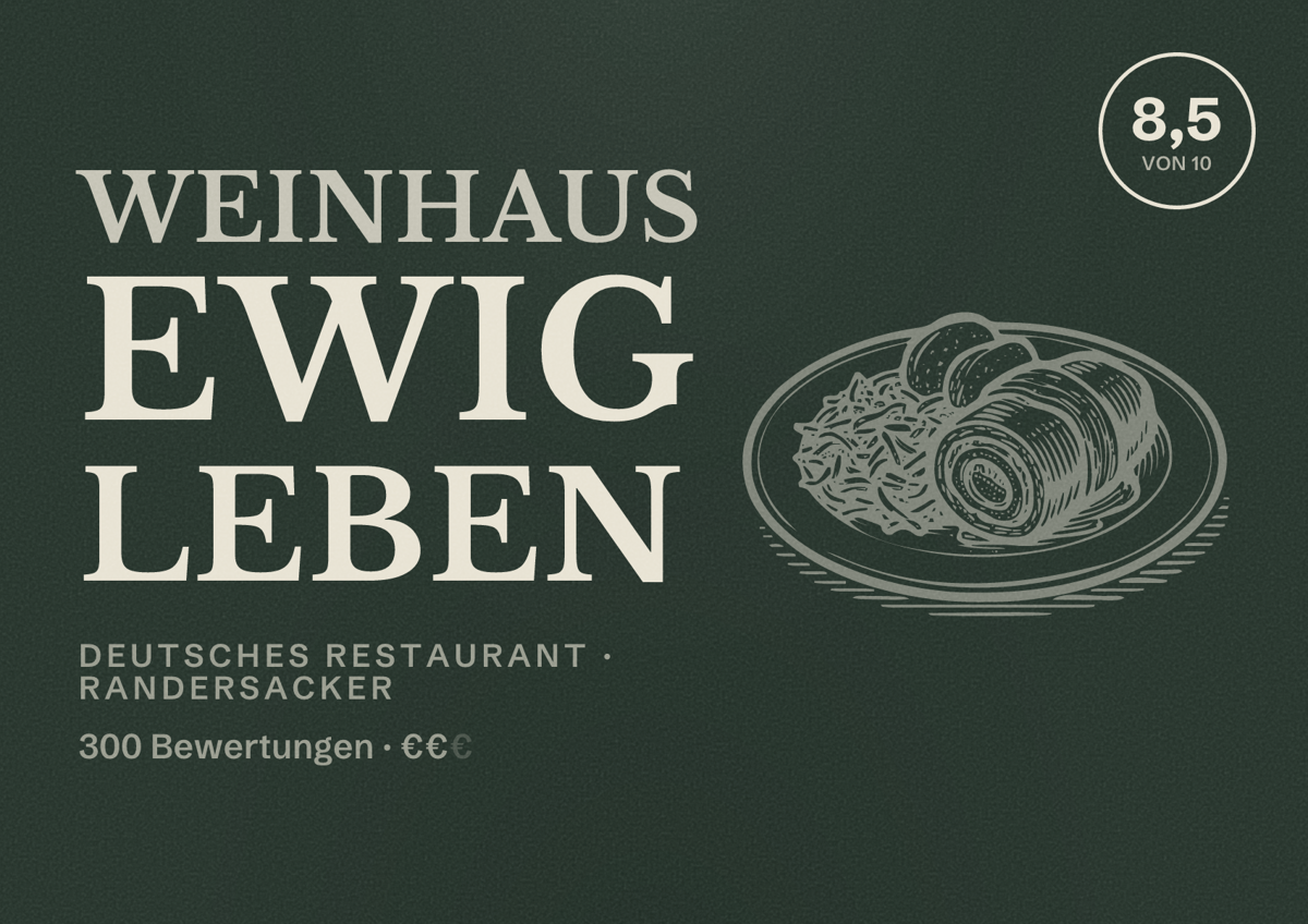 Illustriertes Poster von Weinhaus Ewig Leben, Deutsches Restaurant in Randersacker: Bewertung 8,5 von 10 aus 300 Bewertungen, Preisniveau €€