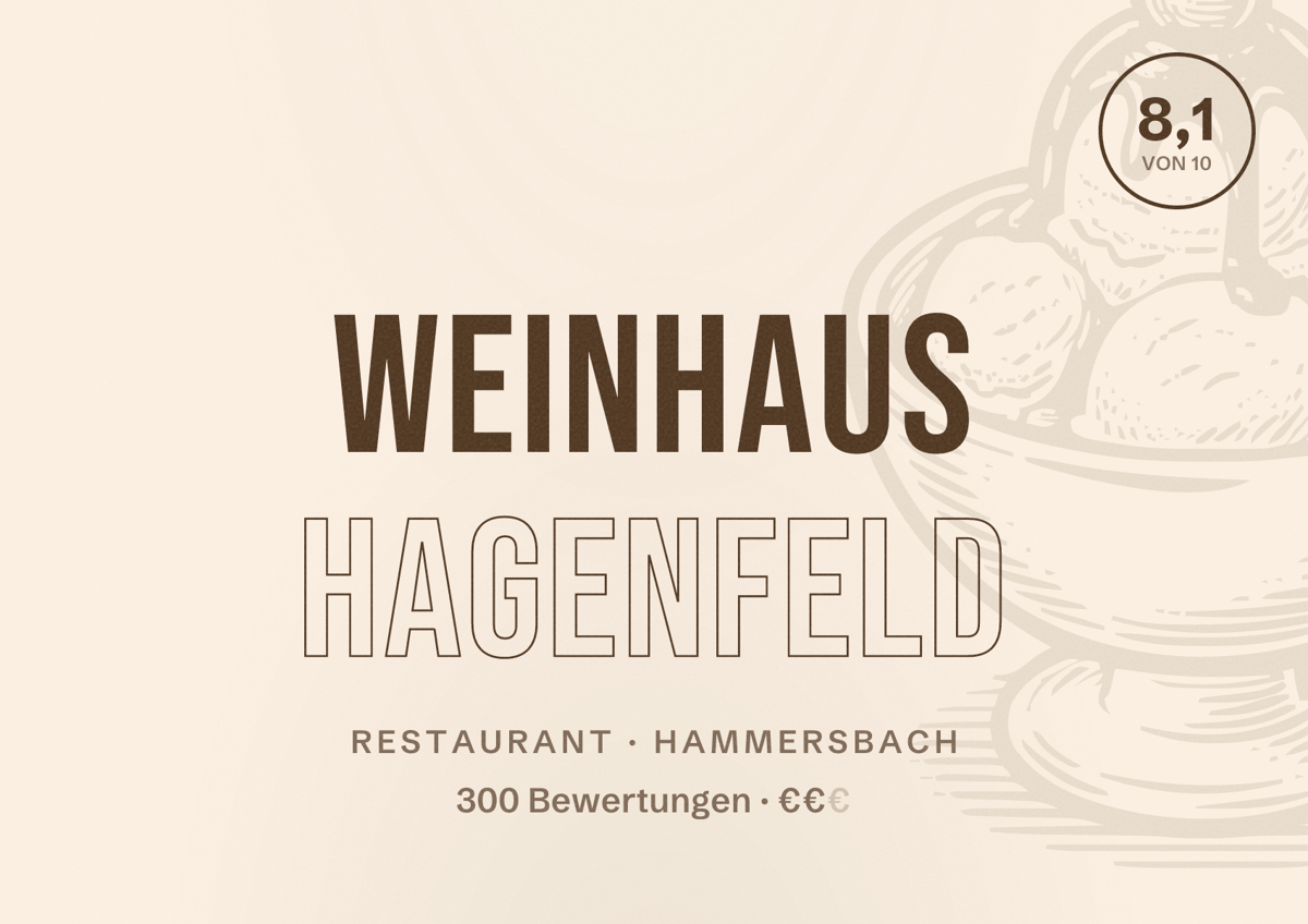 Illustriertes Poster von Weinhaus Hagenfeld, Restaurant in Hammersbach: Bewertung 8,1 von 10 aus 300 Bewertungen, Preisniveau €€