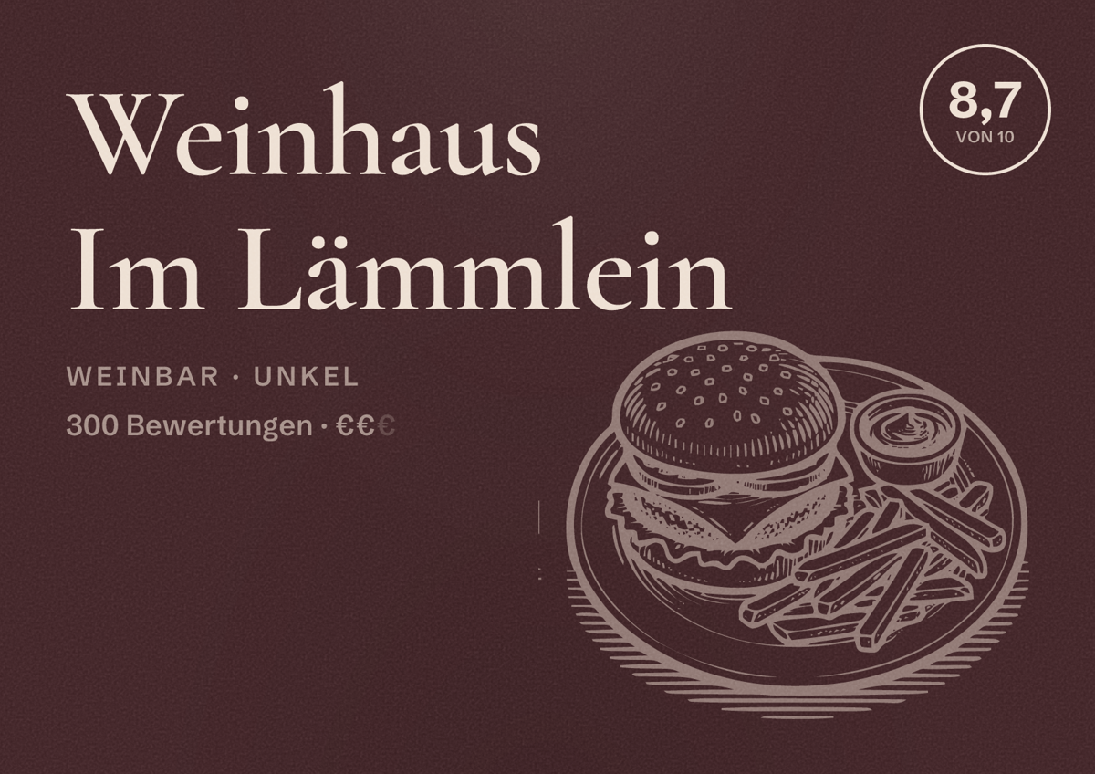 Illustriertes Poster von Weinhaus Im Lämmlein, Weinbar in Unkel: Bewertung 8,7 von 10 aus 300 Bewertungen, Preisniveau €€